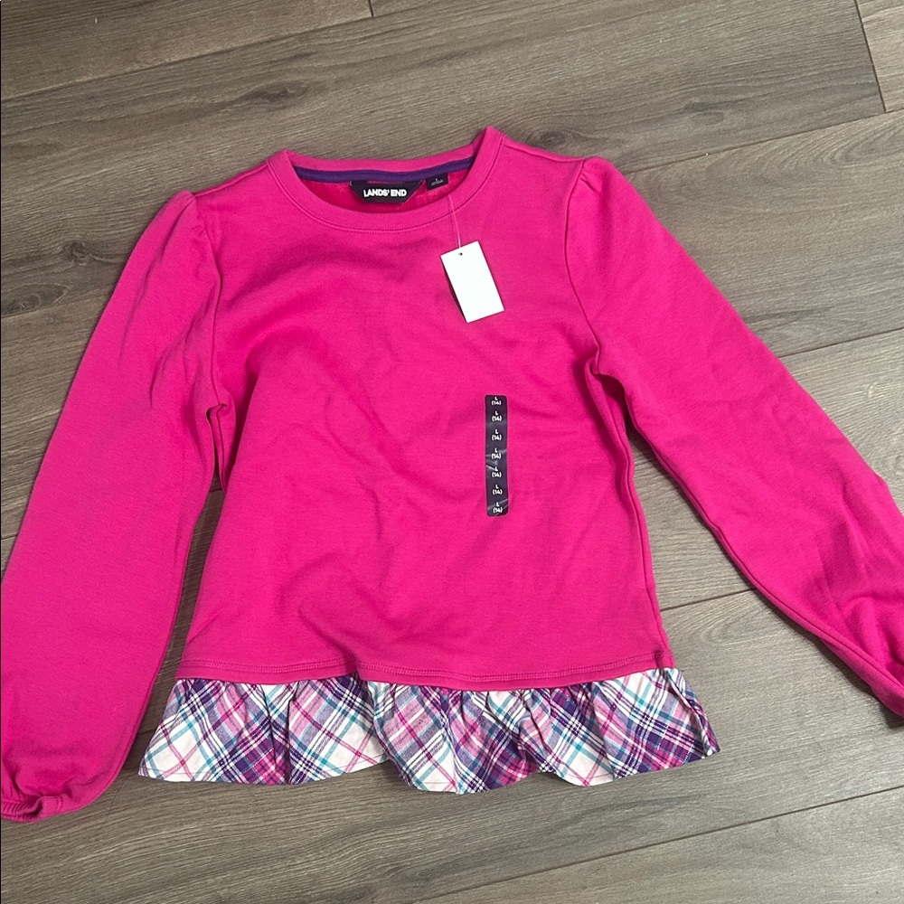 🆕 Lands' End Kids Fuchsia Long Sleeve Top with Plaid Ruffle